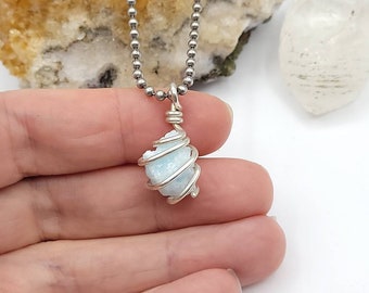 Blue Aragonite Necklace, Silver Wire Wrapped Blue Aragonite Pendant, Crystal Healing Jewelry