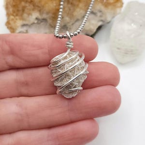 desert rose selenite necklace wrapped in silver wire on silver ball chain