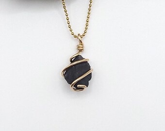 Shungite Necklace, Gold Wire Wrapped Shungite Pendant