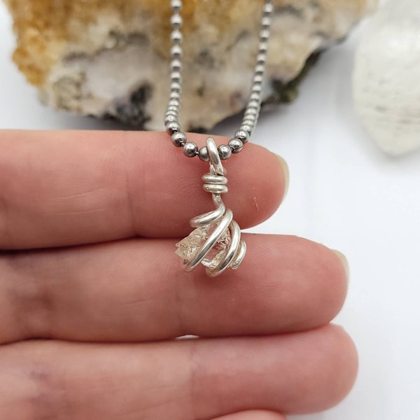 Lake County Diamond Necklace, Silver Wire Wrapped Lake County Diamond Pendant