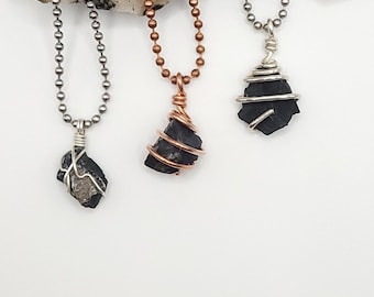 Onyx Crystal Necklace, Copper Wire Wrapped Onyx Pendant, Silver Onyx Jewelry, Black Protection Necklace