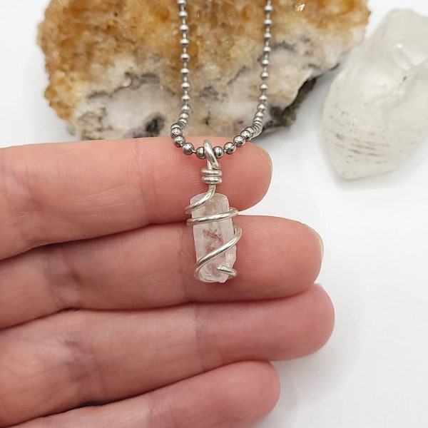 Optical Calcite Necklace, Silver Wire Wrapped Calcite Pendant