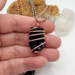 Obsidian Necklace Raw, Silver Wire Wrapped Obsidian Pendant, Copper Obsidian Jewelry, Crystal Gift image 6