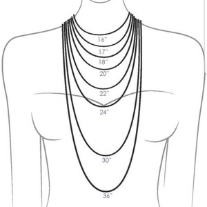 May include: A diagram showing different necklace lengths from 16 inches to 36 inches. The lengths are marked in inches.