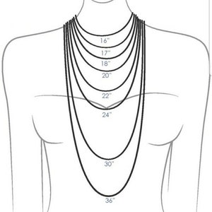 May include: A diagram showing different necklace lengths on a model, ranging from 16 inches to 36 inches.