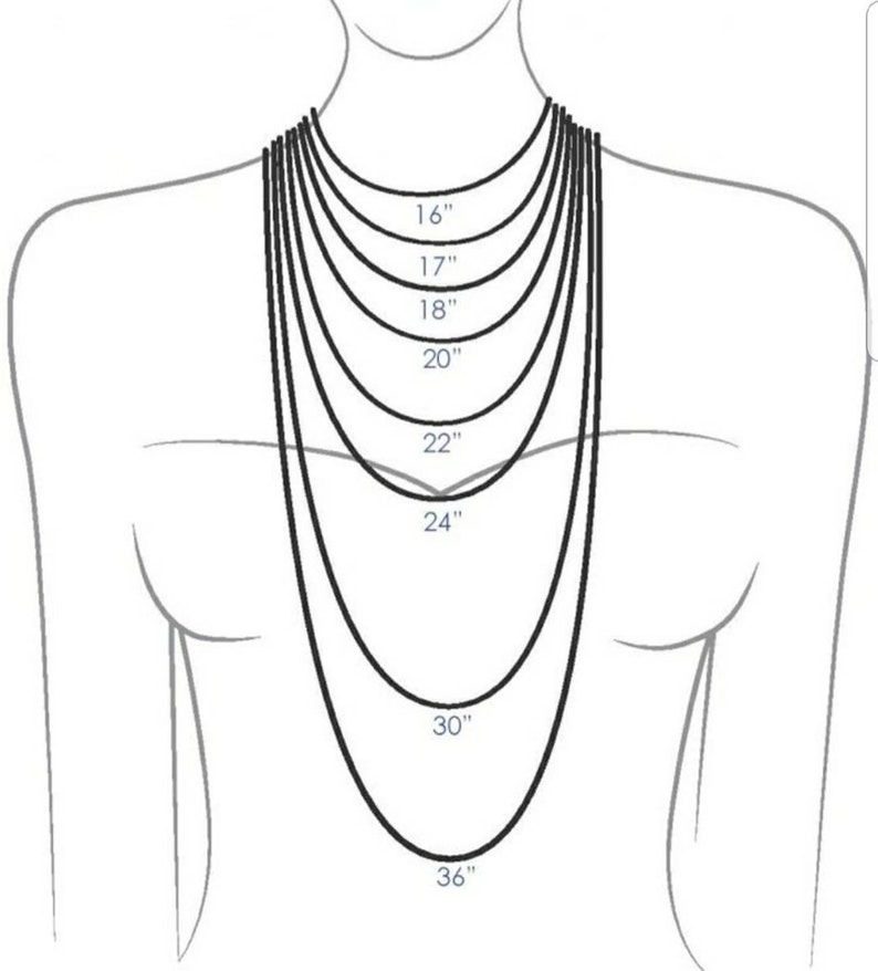 May include: A diagram showing different necklace lengths on a model, ranging from 16 inches to 36 inches.