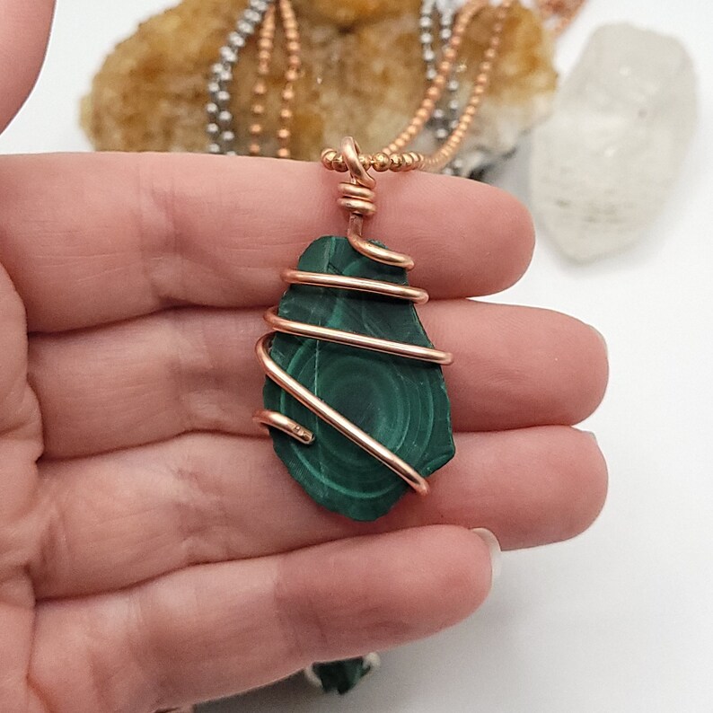 Malachite Necklace, Real Silver and Copper Wire Wrapped Malachite Pendant, Malachite Jewelry, Malachite Crystal Necklace 4