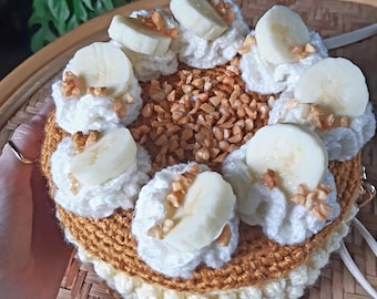 Handmade crochet cake handbag purse. Banoffee cake