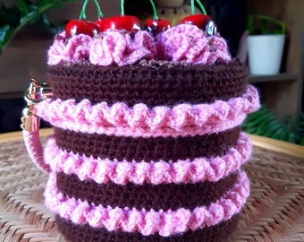 Handmade crochet cake handbag purse. Chocolate dark cherry cake