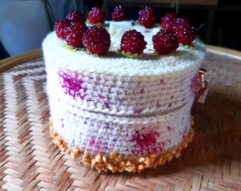 Handmade crochet cake handbag purse. Raspberry ripple white chocolate cheesecake