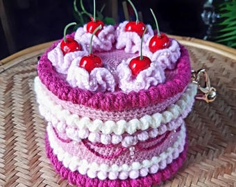 Handmade crochet cake handbag purse.  Classic victorian pink with cherries