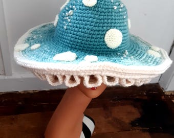 Handmade crochet twisted toadstool blue mushroom fairy hat.  Size small