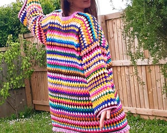 Handmade crochet  rainbow Festival oversize jumper dress