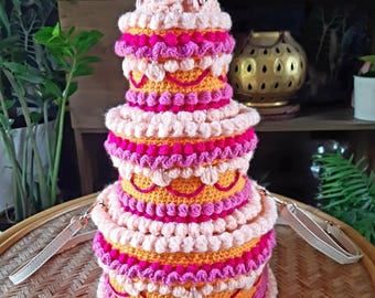 Handmade crochet 3 tier cake handbag purse. Fruit salad,  cherries