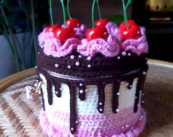 Handmade crochet cake handbag purse. Neapolitan cherries sprinkles