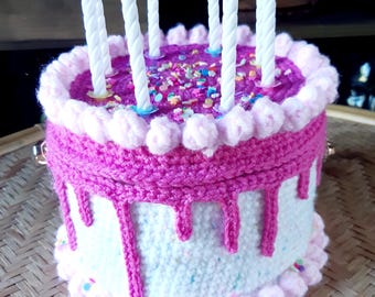 Handmade crochet cake handbag purse. Funfetti birthday cake bag