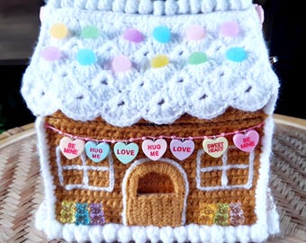 Handmade crochet gingerbread house handbag purse.