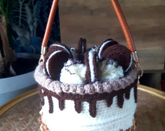 Handmade crochet cake handbag purse.  Chocolate oreo cream