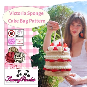 May include: A crochet bag shaped like a Victoria sponge cake with beige layers, white cream ruffles, and red strawberry accents. The bag features a white handle and is presented alongside text reading Victoria Sponge Cake Bag Pattern.