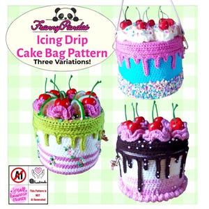 Puede incluir: Tres bolsos de ganchillo con forma de pastel, diseños de glaseado que gotea, coberturas de cereza y lima, y chispas de colores. El texto dice Franny Pandas Icing Drip Cake Bag Pattern Three Variations. Los bolsos usan hilo rosa, azul, blanco, verde y marrón.