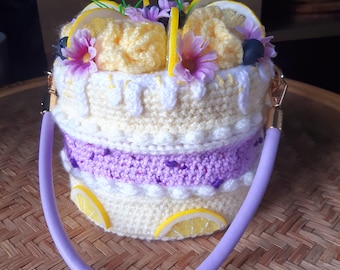 Handmade crochet cake handbag purse. Lemon and blueberry