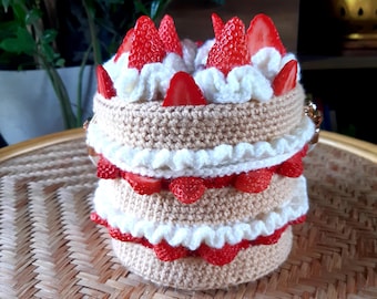 Handmade crochet cake handbag purse. Victoria sponge.  Strawberry shortcake