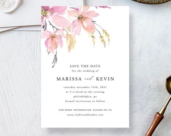 Floral Watercolor Save the Date Cards | This Pink Save the Date Template is fully editable online with Templett | Marissa