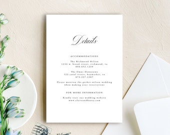 Wedding Details Template | Simple calligraphy wedding details card made with Templett and printable in minutes | Claire
