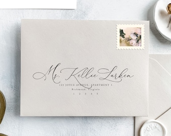 Plantillas de sobres para bodas con caligrafía moderna para imprimir y escribir a mano. Utilice esta plantilla 100 % editable para Templett/Kellie