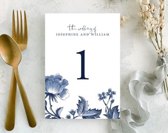 Blue and White Table Numbers Template | Classic Floral Wedding Table Numbers your can edit online with Templett | Josephine