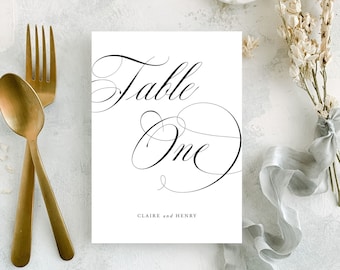 Classic Calligraphy Wedding Table Numbers | A classic table number template your can edit online with Templett | Claire