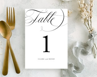 Simple Wedding Table Number Template | Classic Black and White Wedding Table Numbers your can edit online with Templett | Claire