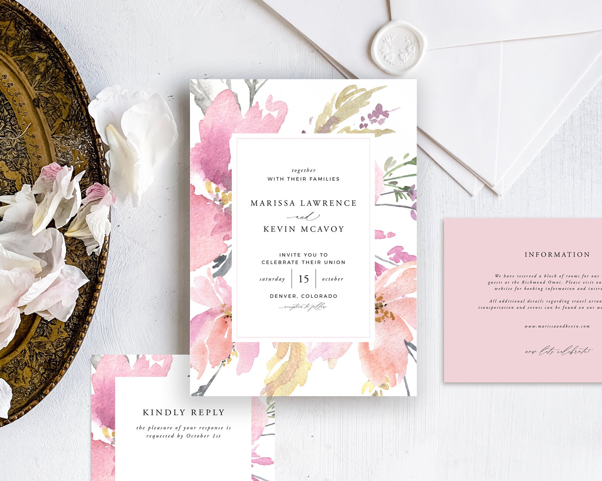 Pink Watercolor Wedding Invitation Suite Watercolor Flower Etsy Singapore