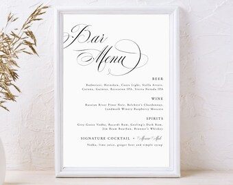 Calligraphy Bar Menu Sign | Print your own wedding bar menu with this 100% editable template for Templett | Claire