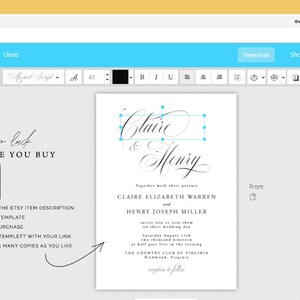 May include: A wedding invitation template with a black and white design. The template features the names "Claire & Henry" in a cursive font. The text "Together with their parents" is followed by the names "Claire Elizabeth Warren" and "Henry Joseph Miller". The invitation includes the date, time, and location of the wedding.