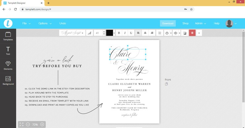 May include: A wedding invitation template with a black and white design. The template features the names "Claire & Henry" in a cursive font. The text "Together with their parents" is followed by the names "Claire Elizabeth Warren" and "Henry Joseph Miller". The invitation includes the date, time, and location of the wedding.