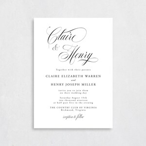 May include: A wedding invitation with a white background and black text. The invitation reads "Claire & Henry" in elegant cursive script. The invitation details the wedding date, time, and location: Saturday, August 15th, 2019 at 5:30 PM at The Country Club of Virginia in Richmond, Virginia.