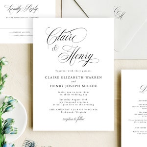 May include: Wedding invitation with a white background and black text. The invitation features the names Claire & Henry in elegant calligraphy. The invitation details the wedding date, time, and location: Saturday, August 15th, two thousand nineteen, at half past five in the evening, The Country Club of Virginia, Richmond, Virginia. The invitation also includes a RSVP request and details about accommodations.