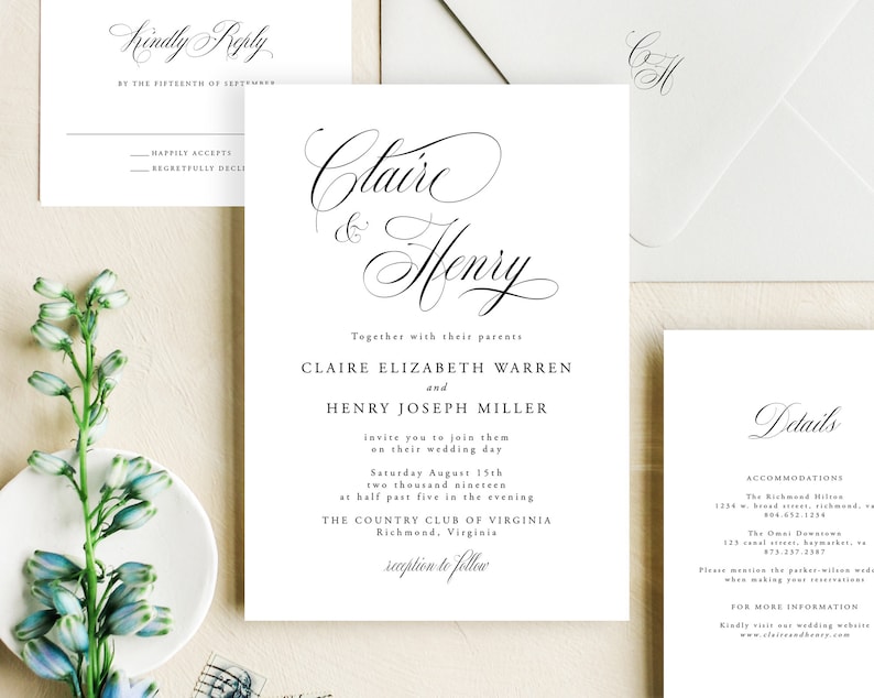 May include: Wedding invitation with a white background and black text. The invitation features the names Claire & Henry in elegant calligraphy. The invitation details the wedding date, time, and location: Saturday, August 15th, two thousand nineteen, at half past five in the evening, The Country Club of Virginia, Richmond, Virginia. The invitation also includes a RSVP request and details about accommodations.