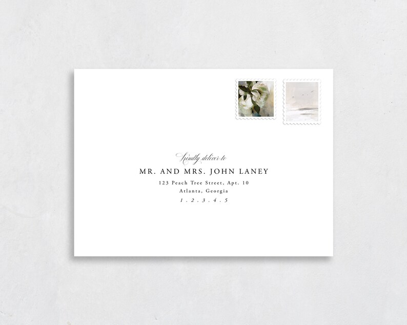May include: A white envelope with a handwritten address for Mr. and Mrs. John Laney. The address includes a street address, apartment number, city, state, and zip code. The envelope has two postage stamps, one with a floral design and the other with a seascape.
