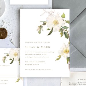 Ensemble de faire-part de mariage fleurs | Modèle d'invitation de rose blanche avec réponse gratuite et carte détaillée en téléchargement immédiat pour Templett | Sloan