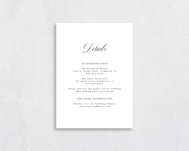 May include: A white card with the word "Details" in a cursive font at the top. The card lists accommodations for a wedding with the names of two hotels, their addresses, and phone numbers. The card also includes a note to mention the "parker-wilson wedding" when making reservations. The card ends with a website address for more information.