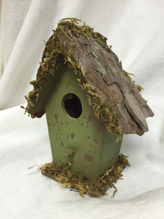 Decorative Bird House Green Speckled Bark Roof Birdhouse Etsy