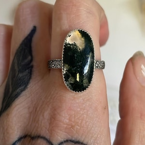 size 10 Moss agate Handmade Sterling Silver Ring