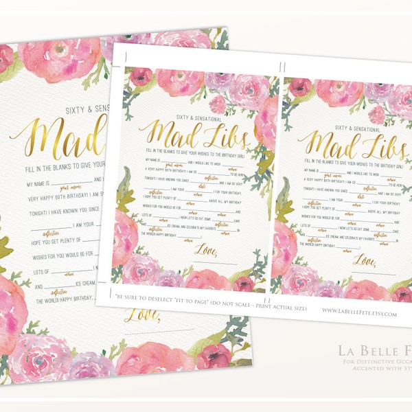 SIXTY & SENSATIONAL PARTY Mad Libs Game / Watercolor Floral design in pink and gold