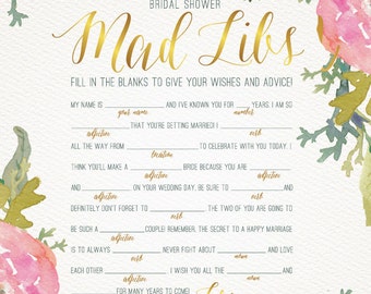 BRIDAL SHOWER GAME Mad Libs / Watercolor Floral design in pink and gold