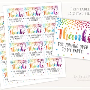 JUMP on OVER Trampoline Park Birthday Party Gift Favor Tags Centerpiece Picks Goody Bags, DIY printable with rainbow colorful confetti