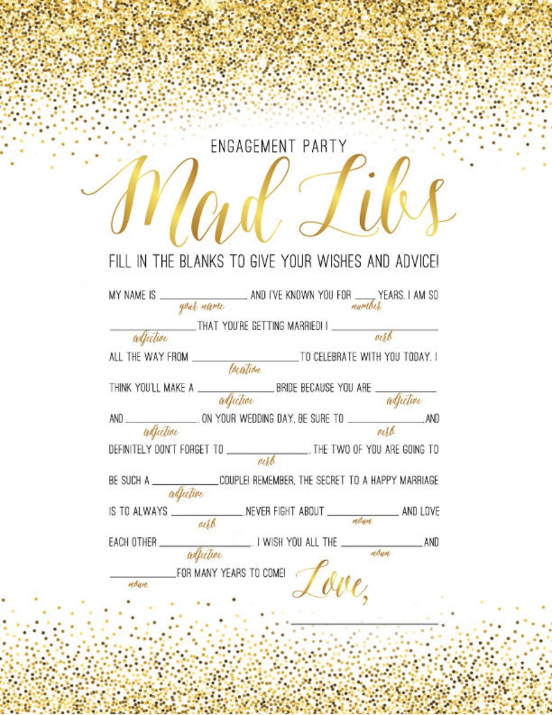 engagement party game mad libs game in gold glitter etsy
