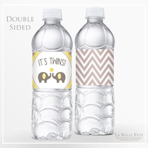 IT&#39;S TWINS Gray Chevron with Elephant Pair Water Bottle Label Printable / diy