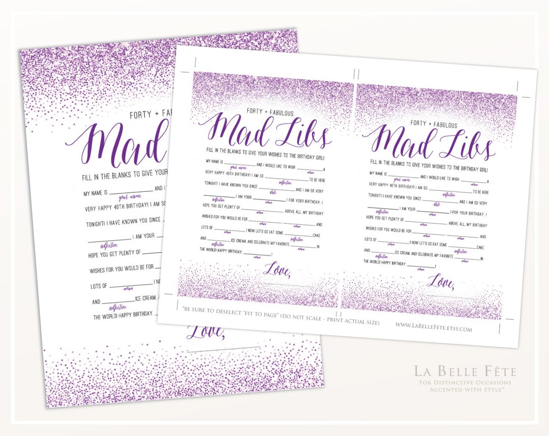 FORTY &amp; FABULOUS Mad Libs 40th Birthday Game / Purple Lavender Glitter ...